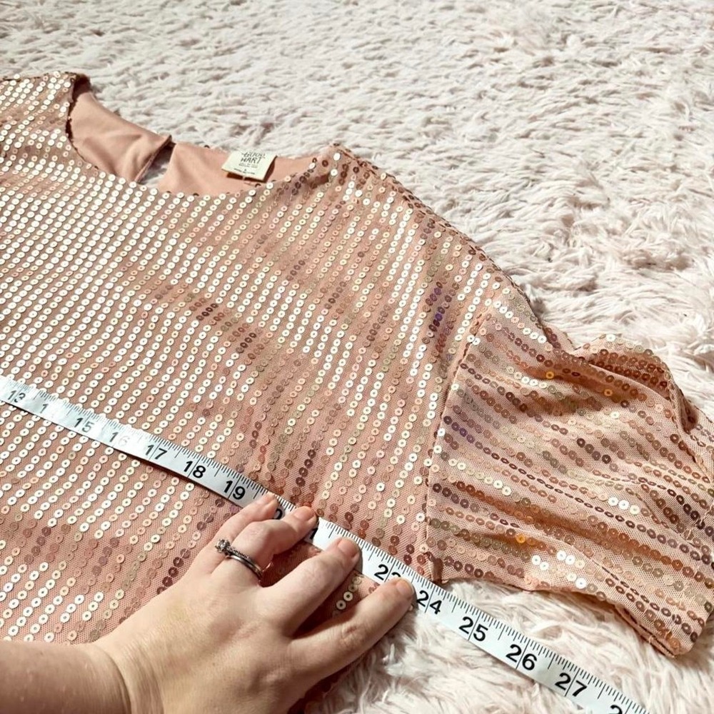 Flowy Sequin Rose Gold Glam Whimsical Dopamine Fairy Boxy Oversized Tee Womens L - Picture 7 of 7